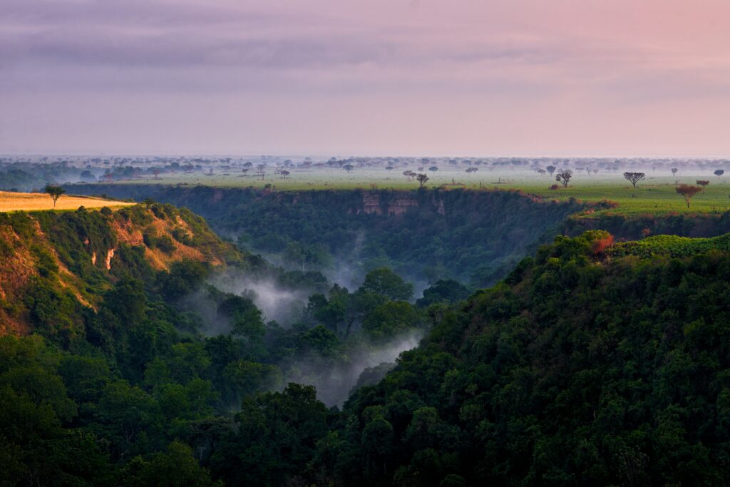 Kyambura Gorge in Oeganda bij zonsopgang – mistige savannevallei in Queen Elizabeth NP, een verborgen parel met Christoffel Travel